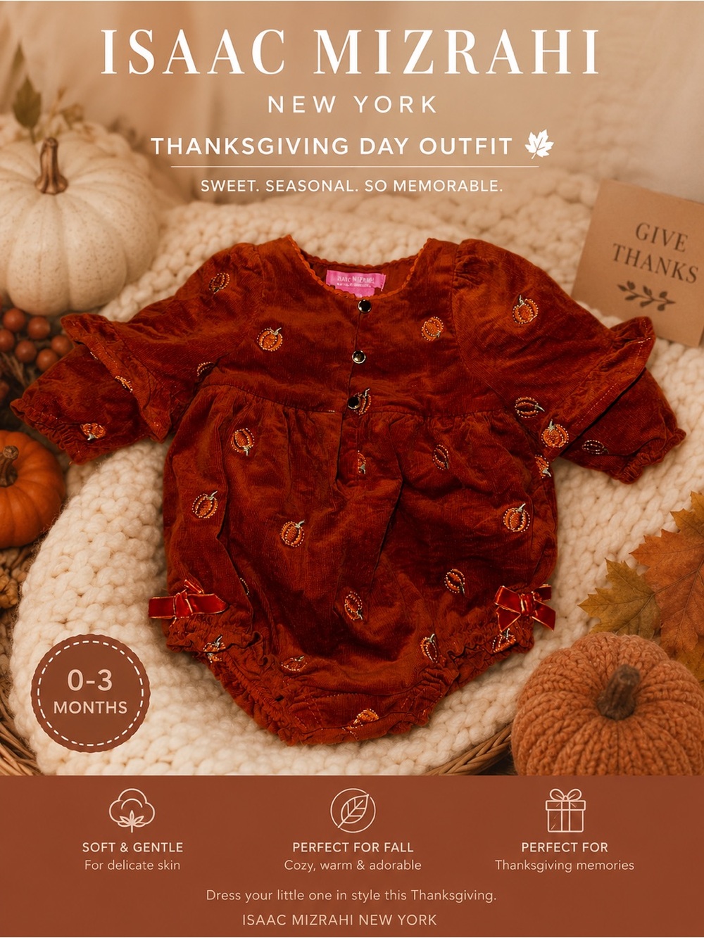 Isaac Mizrahi Rust Velvet Baby Romper with Pumpkin Embroidery